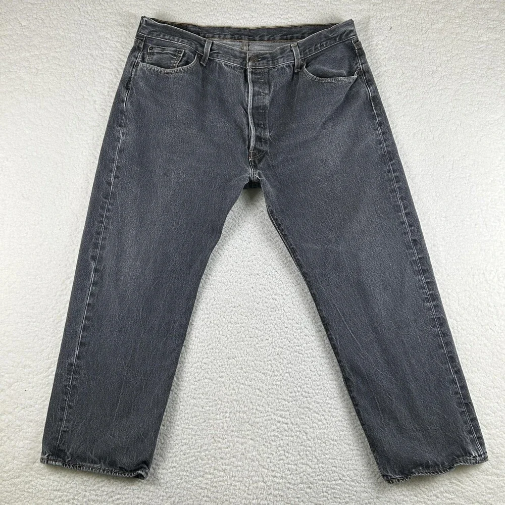 Levis 501 Jeans Mens 38x27 Charcoal Gray Denim Regular Straight Leg Button Fly